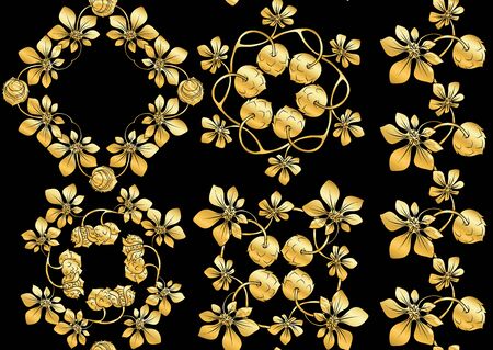 Hazelnut. Decorative motif Seamless pattern, background. In art nouveau style, vintage old retro In gold and blackのイラスト素材
