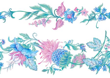 Fantasy flowers in retro, vintage, jacobean embroidery style. Seamless pattern, background. Colored vector illustration. Isolated on white background..のイラスト素材