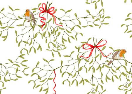 Seamless pattern, background. Mistletoe, Robin bird and ribbon. Colored vector illustrationのイラスト素材