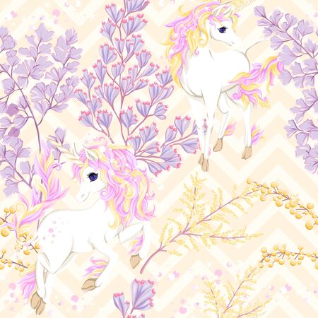 Seamless pattern, background with unicorn and fantsatic flowers and glitter. Vector illustration. On light yellow zigzag backgroundのイラスト素材