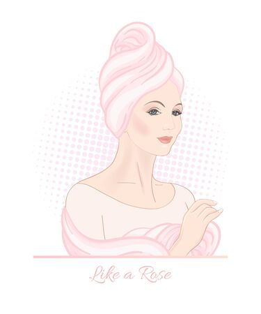 Beautiful woman 30-39 or 40-49 woman with a towel on her head. Hand drawn portrait, vector line art illustration in pink colors.のイラスト素材