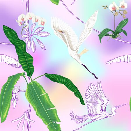 Seamless pattern, background. with tropical plants and flowers with white orchid and tropical birds In light ultra violet pastel mesh background. Colored and outline design. Vector illustration..のイラスト素材