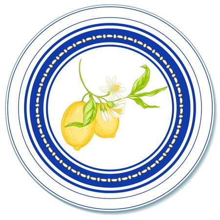 Lemon tree branch with lemons, flowers and leaves. Template for the design of napkins, plates, trays, dishes. Circular composition. With sapphire blue stripes. Vintage style. Vector illustration..のイラスト素材
