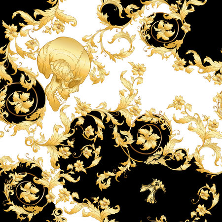 Seamless floral pattern, background In baroque style with human skull in gold white and black colors...