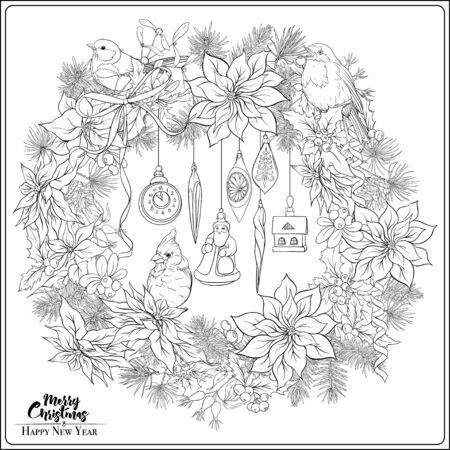 Christmas wreath of spruce, pine, poinsettia, winter birds and vintage decoration. Coloring page for the adult coloring book. Outline hand drawing vector illustration..のイラスト素材