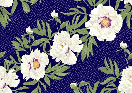 Peony flower. Seamless pattern, background. Colored vector illustration. In botanical style on space blue background with Imitation of traditional Japanese embroidery Sashiko..のイラスト素材
