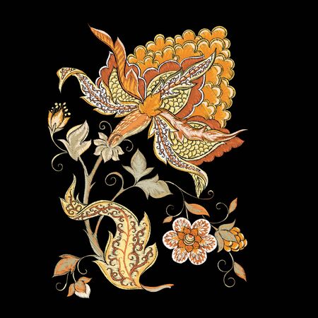 Elements for design. Fantasy flowers, traditional Jacobean embroidery style. Embroidery imitation. Vector illustration in beige colors isolated on black background..のイラスト素材