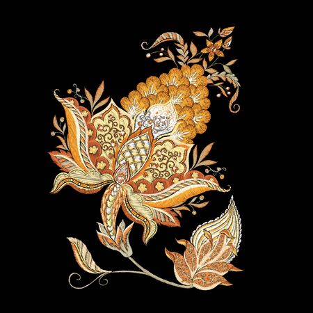 Elements for design. Fantasy flowers, traditional Jacobean embroidery style. Embroidery imitation. Vector illustration in beige colors isolated on black background..のイラスト素材