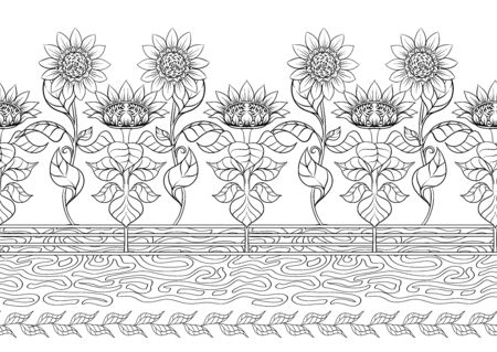 Sunflower. Seamless pattern background. Outline hand drawing vector illustration. In art nouveau style, vintage, old retro styleのイラスト素材
