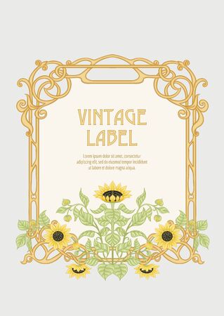 Sunflower. Label, decorative frame, border. Good for product label. with place for text Colored vector illustration. In art nouveau style, vintage, old, retro style. Isolated on white background..のイラスト素材