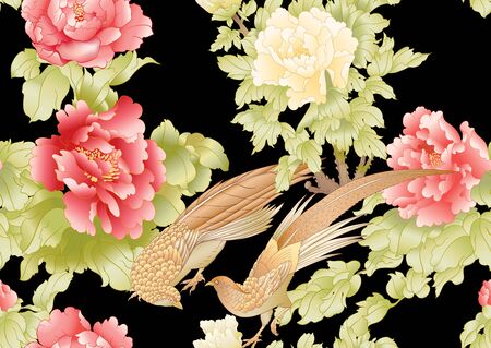 Peony tree branch with flowers with pheasants in the style of Chinese painting on silk Seamless pattern, background. Colored vector illustration. Isolated on black background..のイラスト素材
