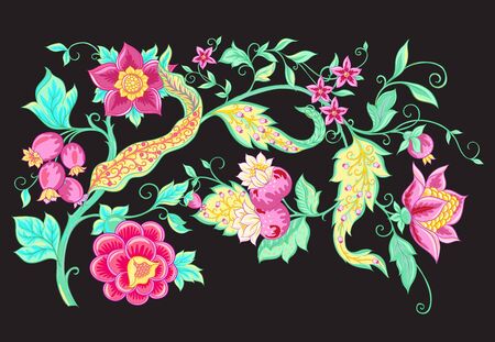 Fantasy flowers, traditional Jacobean embroidery style. Elements for design. Vector illustration in bright pink and green colors isolated on black background..のイラスト素材