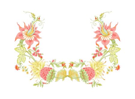 Fantasy flowers in retro, vintage, jacobean embroidery style. Embroidery for neckline. Colored vector illustration..のイラスト素材