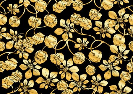 Hazelnut. Decorative motif Seamless pattern, background. In art nouveau style, vintage old retro In gold and blackのイラスト素材