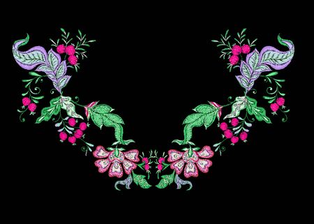 Floral decorative elements in jacobean embroidery style, fantasy floral pattern, vintage, old, retro style. Embroidery imitation for neck line. Vector illustration.のイラスト素材