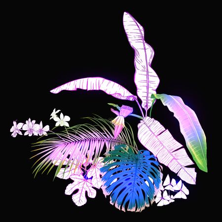 A composition of tropical plants, palm leaves, monsters and white orchids In botanical style Colored vector illustration in neon, fluorescent colors. Colored and outline design. On black background.のイラスト素材