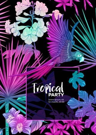 Background, party invitation, cover with text box with tropical plants, flowers and birds in neon, fluorescent colors. Vector illustration. Isolated on black background.のイラスト素材