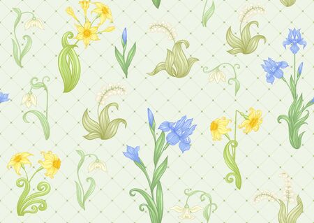 Spring flowers. Narcissus, Iris, lily of the valley, may-lily, Seamless pattern, background. Vector illustration. In art nouveau style, vintage, old, retro style. On soft green background..のイラスト素材
