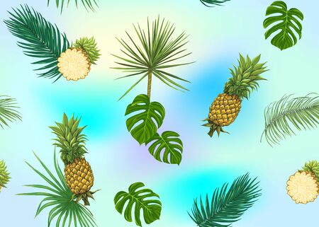 Seamless pattern, background with tropical plants, flowers. Colored vector illustration. In light ultra violet pastel colors on mesh pink, blue backgroundのイラスト素材