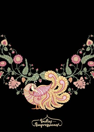 Indian ethnic pattern with stylized florwers and bird. Colored vector illustration. Isolated on white background. Good for the cover of a notebook, tablet, phoneのイラスト素材