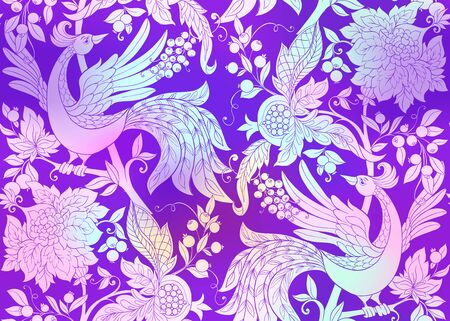 Fantasy floral seamless pattern with bird in jacobean embroidery style, vintage, old, retro style. Vector illustration in bright pink, purplecolors.のイラスト素材