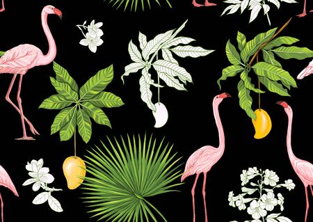 Tropical plants and flowers and birds. Seamless pattern, background. Colored and outline design. Vector illustration. Isolated on black background..のイラスト素材