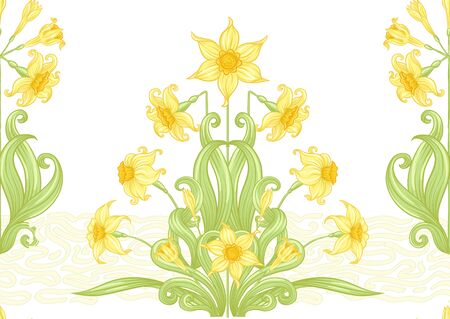 Narcissus. Seamless pattern, background. Colored vector illustration. In art nouveau style, vintage, old, retro style. In soft yellow colors. Isolated on white backgroundのイラスト素材