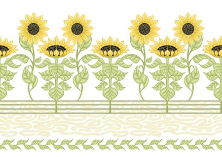 Sunflower Seamless pattern, background. Colored vector illustration In art nouveau style, vintage, old, retro style.のイラスト素材