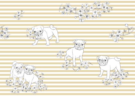 Seamless pattern with Pug dogs with blooming sakura spring flowers. Vector illustration. Outline hand drawing. On beige and white stripes background.のイラスト素材