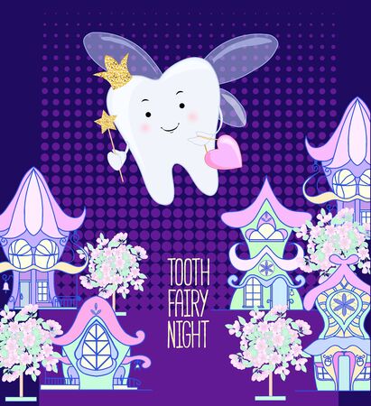 Tooth fairy. Vector cartoon illustration. Stylized tooth. Night fabulous city on the backgroundのイラスト素材