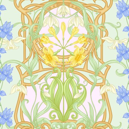 Spring flowers seamless pattern, background. Colored vector illustration. In art nouveau style, vintage, old, retro style. On tea green and pink background.のイラスト素材
