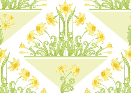 Narcissus. Seamless pattern, background. Colored vector illustration. In art nouveau style, vintage, old, retro style. In soft yellow colors. Isolated on white backgroundのイラスト素材