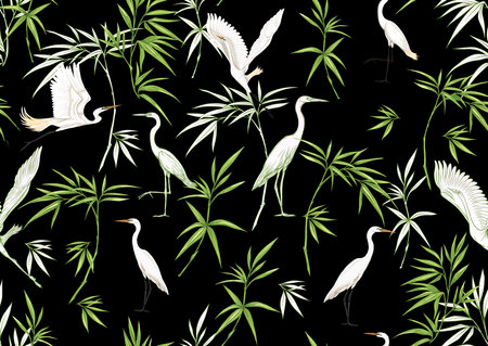 Tropical plants and flowers and birds. Seamless pattern, background. Colored and outline design. Vector illustration. Isolated on black background..のイラスト素材