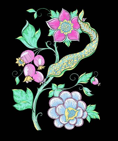 Elements for design. Fantasy flowers, traditional Jacobean embroidery style. Embroidery imitation. Vector illustration in neon colors isolated on black background..のイラスト素材