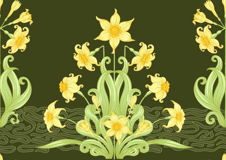 Narcissus. Seamless pattern, background. Colored vector illustration. In art nouveau style, vintage, old, retro style. In soft yellow colors. On army green background..のイラスト素材