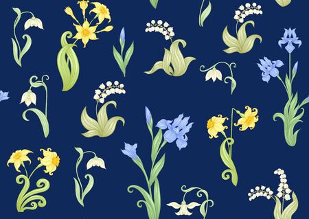 Spring flowers. Narcissus, Iris, lily of the valley, may-lily, Seamless pattern, background. Vector illustration. In art nouveau style, vintage, old, retro style. On navy blue background..のイラスト素材