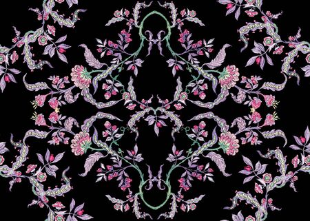 Fantasy floral seamless pattern in jacobean embroidery imitation, vintage, old, retro style. Vector illustrationのイラスト素材