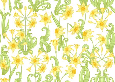 Narcissus. Seamless pattern, background. Colored vector illustration. In art nouveau style, vintage, old, retro style. In soft yellow colors. Isolated on white backgroundのイラスト素材