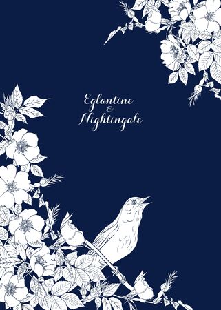 Dog-rose, briar, brier, eglantine, canker-rose and nightingale. Template for wedding invitation, greeting card, gift voucher. Graphic drawing, Vector illustration.のイラスト素材