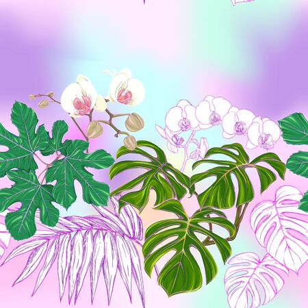 Tropical plants and white orchid flowers. Seamless pattern, background. Colored vector illustration. In light ultra violet pastel colors on mesh pink, blue backgroundのイラスト素材