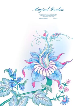 Fantasy flowers in retro, vintage, jacobean embroidery style. Template for wedding invitation, greeting card, banner, gift voucher, label. Colored vector illustrationのイラスト素材