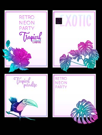 Set of text boxes for bullet journal or notes with tropical plans, flowers and birds. Stickers, elements for design. In neon, fluorescent colors. Vector illustration..のイラスト素材