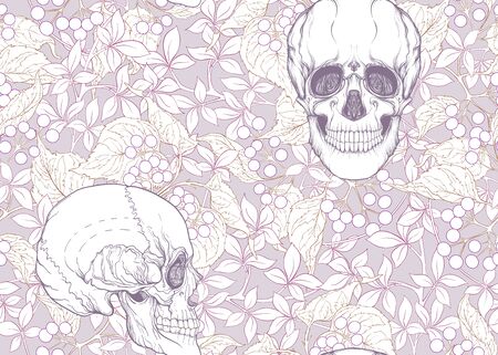 Seamless Pattern with human skulls and plants. Colored vector illustration. Line art.のイラスト素材