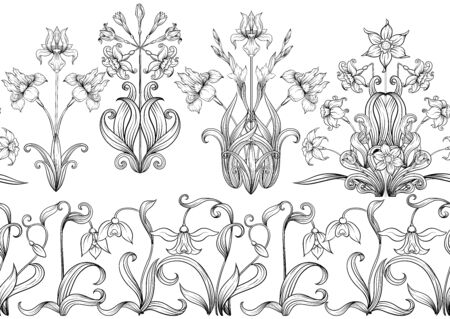 Spring flowers. Narcissus, Iris flower, lily of the valley, may-lily, Seamless pattern, background. Outline hand drawing vector illustration. In art nouveau style, vintage, old, retro styleのイラスト素材