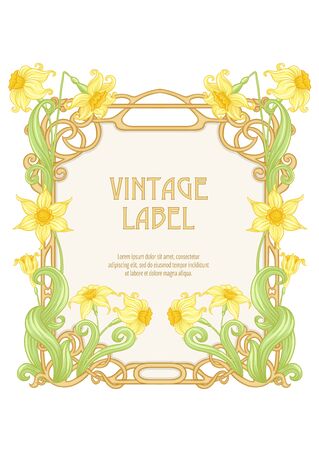 Narcissus. Label, decorative frame, border. Good for product label. with place for text Colored vector illustration. In art nouveau style, vintage, old, retro style. Isolated on white background..のイラスト素材