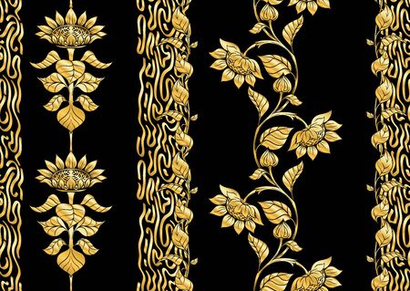Sunflower. Seamless pattern, background. In art nouveau style, vintage, old, retro style. In gold and blackのイラスト素材