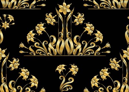 Narcissus. Seamless pattern, background. In art nouveau style, vintage, old, retro style. In gold and black..のイラスト素材