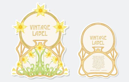 Narcissus. Set of 2 labels, decorative frames, borders. Good for product label with place for text Colored vector illustration. In art nouveau style, vintage, old, retro. Isolated on white background.のイラスト素材
