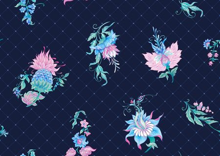 Fantasy flowers in retro, vintage, jacobean embroidery style. Seamless pattern, background. Colored vector illustration. On denim blue background..のイラスト素材