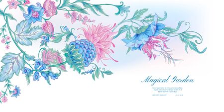 Fantasy flowers in retro, vintage, jacobean embroidery style. Template for wedding invitation, greeting card, banner, gift voucher, label. Colored vector illustrationのイラスト素材
